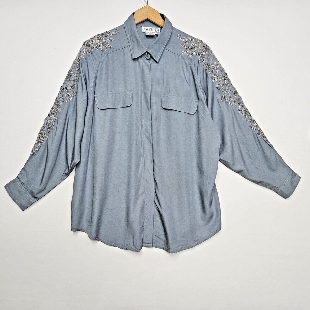 Together Embroidered Lace Button Up Shirt Women 1X Gray Rayon 95-4567 Utility